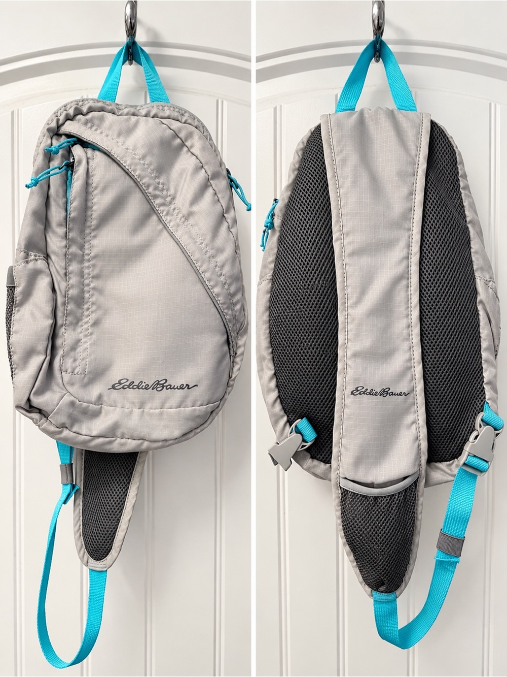 Eddie Bauer Mini Light Gray Sling Backpack with Turquoise Straps